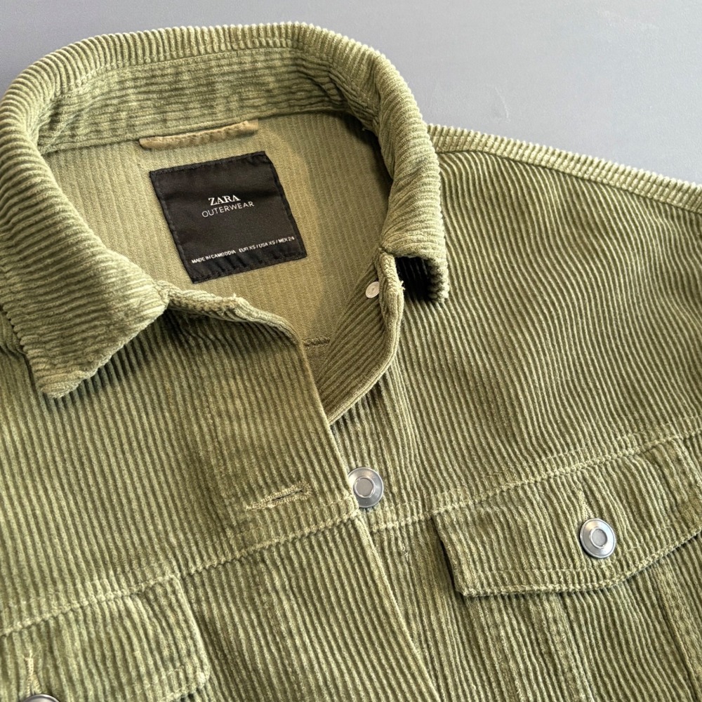 Zara Outerwear Corduroy Trucker Jacket | Size XS |‎ Olive Green Fringe Hem